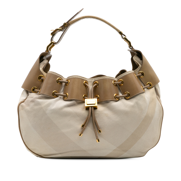 Pre-Loved Burberry Small Leather and Mega Nova Check Canvas Warrior Hobo - Picture 1 of 10